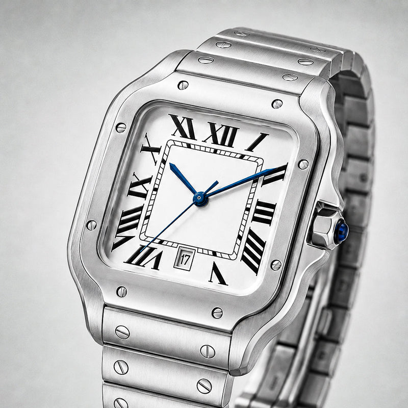 EPOCH 1987 Santos, stainless steel square watch with white Roman dial and blue hands